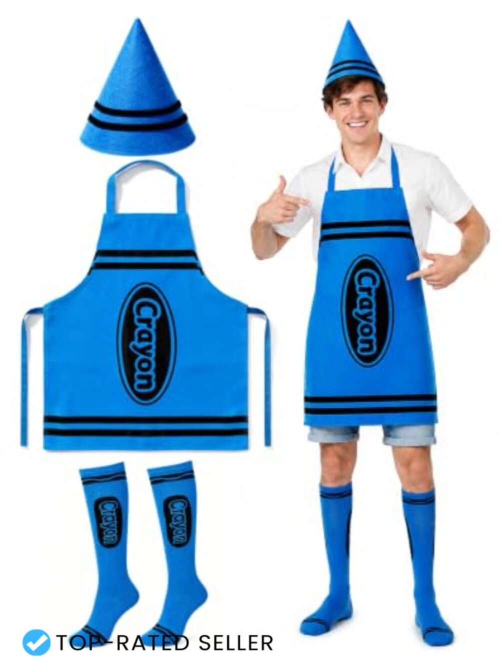 Crayon Costume Adult 3-Piece Apron Cone Hat Socks Halloween Cosplay Set